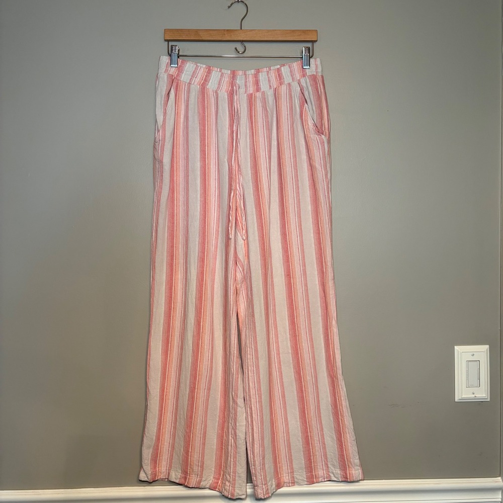 Briggs Pink Striped Linen Blend Wide Leg Pants Womens 14 Smocked Waist 511D2B3BR